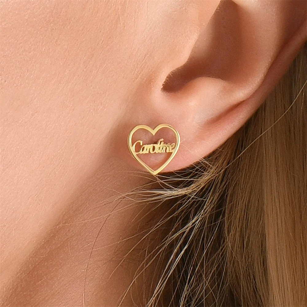 Custom Hollow Heart Stud Earrings for Women Gold Plated Personalized Stainless Steel Name Cartilage Earring Birthday Gift