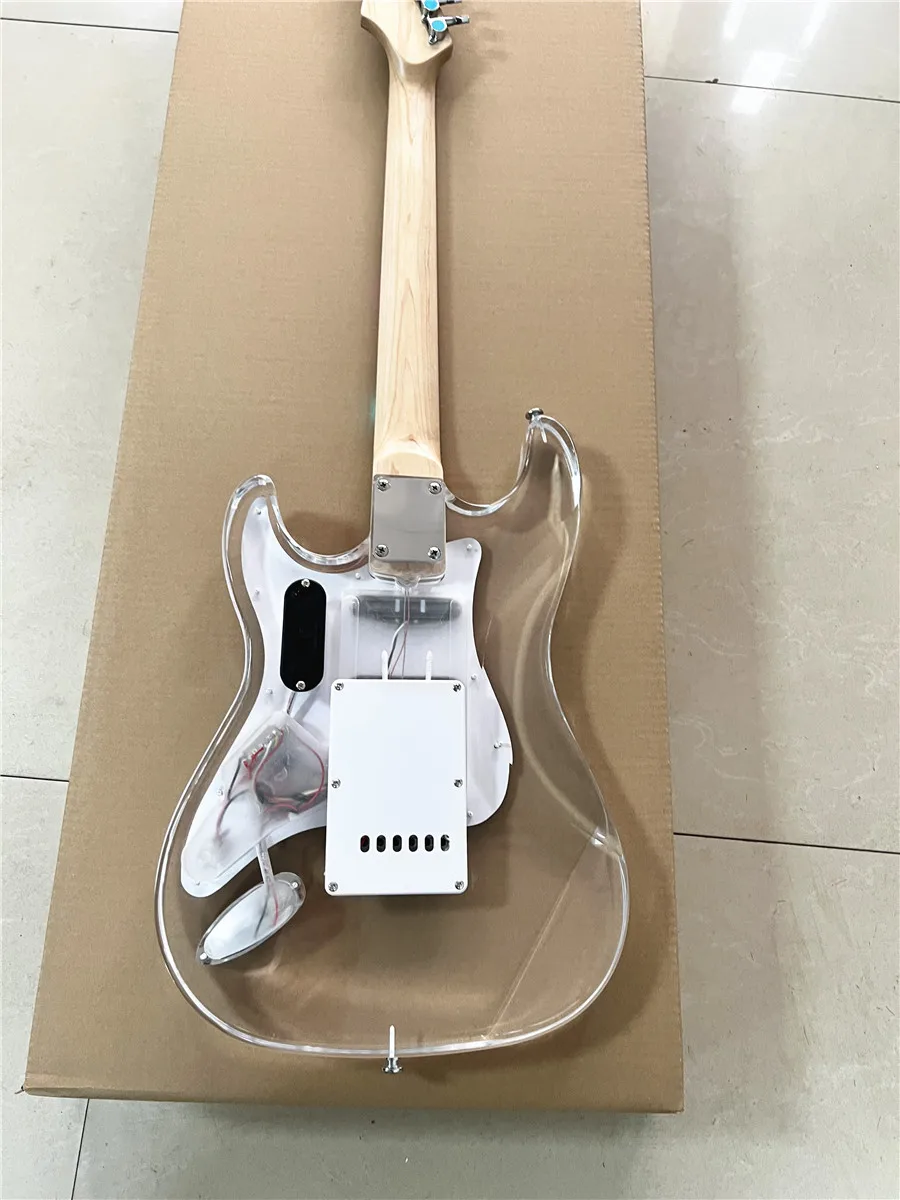 High quality classic acrylic clear Plexiglas crystal 6-string electric guitar with colored lights maple neck Free shipping