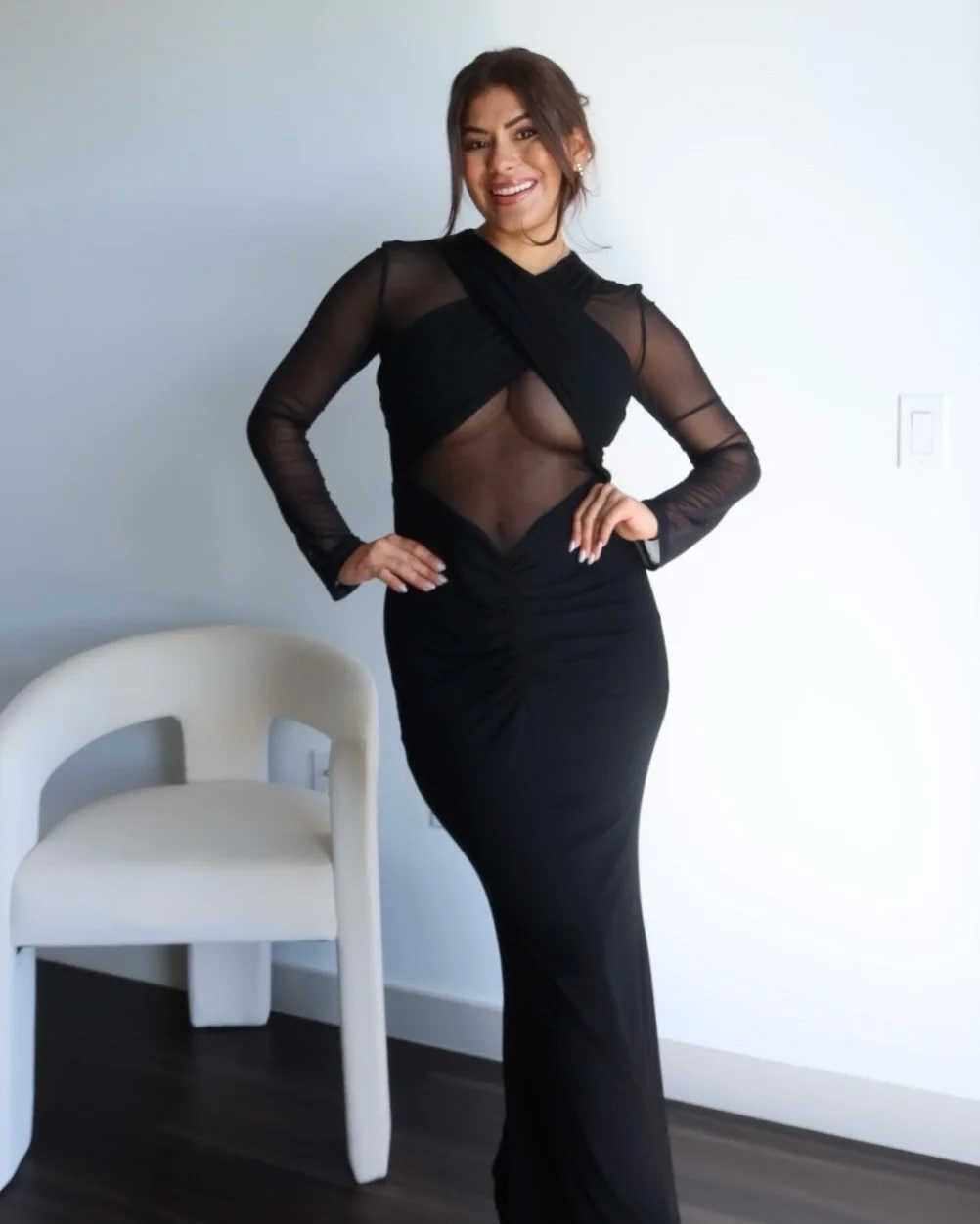 

Elegant Mesh Patchwork Pleated Long Sleeve Bodycon Party Club Evening Dress Sexy Double Layer Perspective Vestido Summer Autum