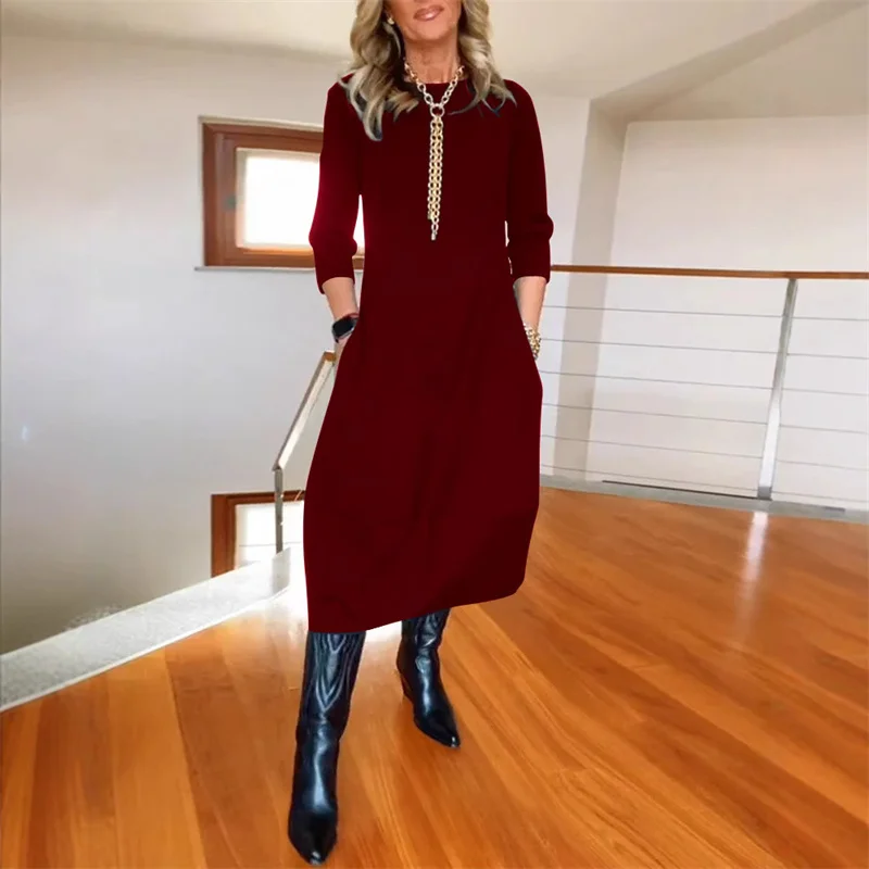 

Elegant 2025 Spring and Autumn Versatile Solid Color Midi Dress Loose Round Neck Long Sleeved Dresses For Women With Pocket Robe