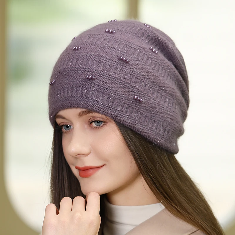 New Autumn Winter Knitted Hat For Women Fashion Pearl Rabbit Hair Wool Blend Beanie Hat Warm Ear Protection Bonnet Girl Hat