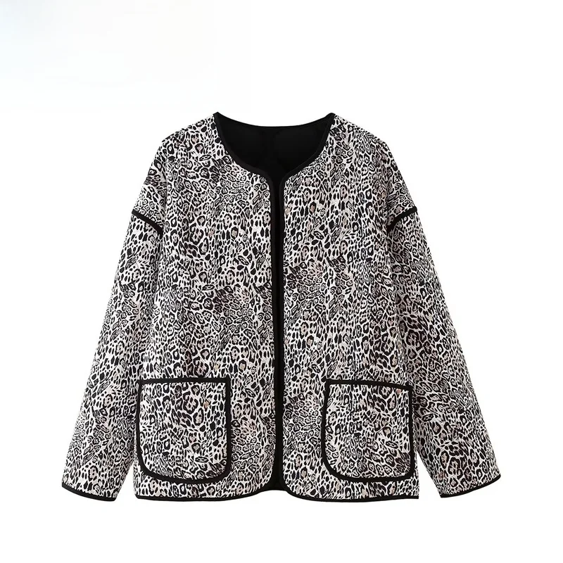 Fashionable Casual Leopard Print Cotton Jacket Women's Short Outerwear Versatile Style Standard Fit Long Sleeve Button Closure