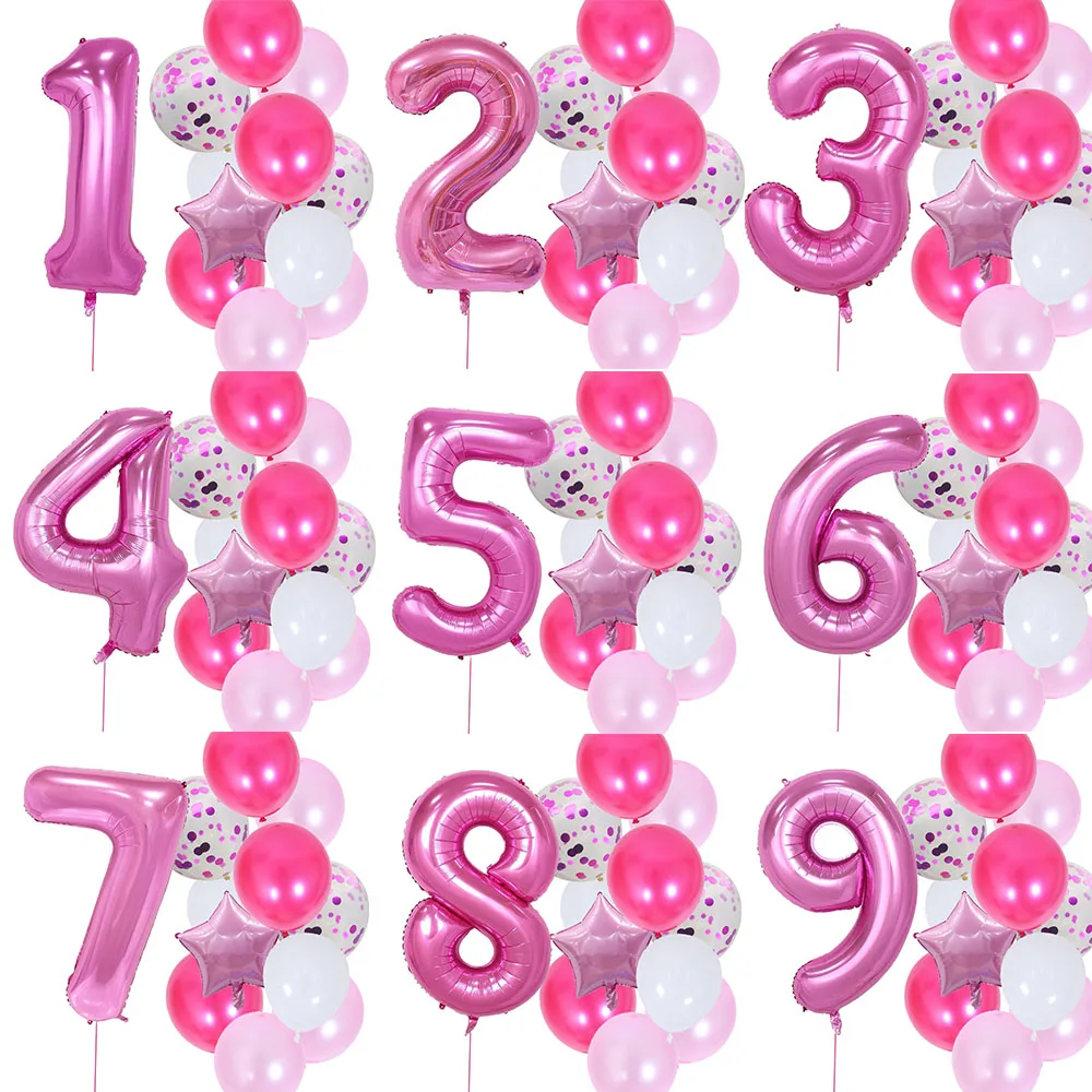 بالونات لحفلة عيد الميلاد الأول للفتيات ، زينة وردية ، عدد 1 ، 2 ، 3 ، 4 ، 5 ، 6 ، 7 ، 8 و 9 سنوات ، 12