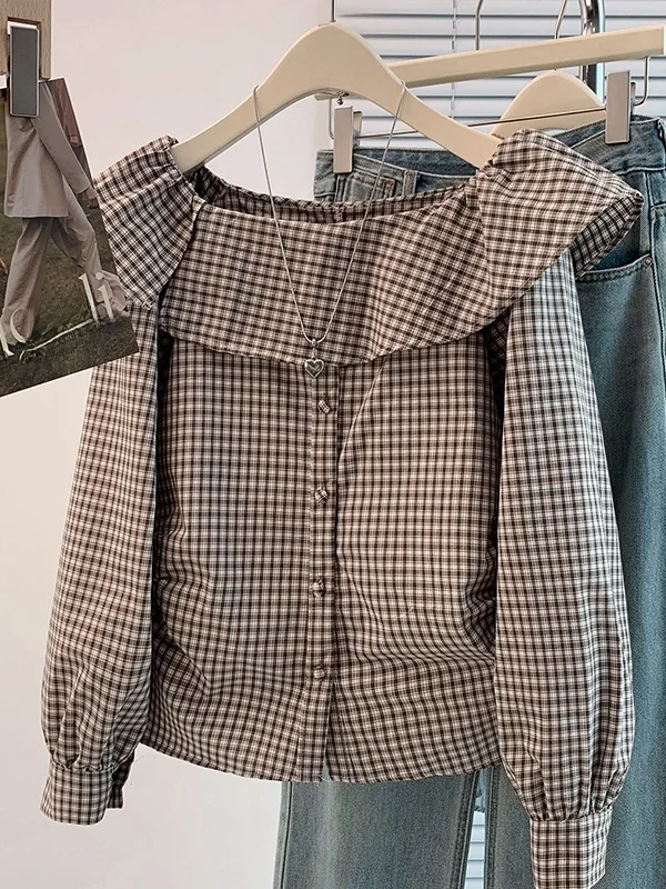 

Large Size Shirt Casual Style Plaid One Shoulder Design Lace Elegant Atmosphere Casual Loose Fit Long Sleeve Autumn Top