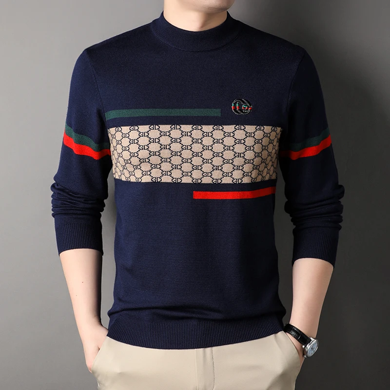 

High End Quality Men's Striped Letter Embroidery Sweater Trend Half High Collar Autumn Versatile Casual Pullover Men's Knitwear