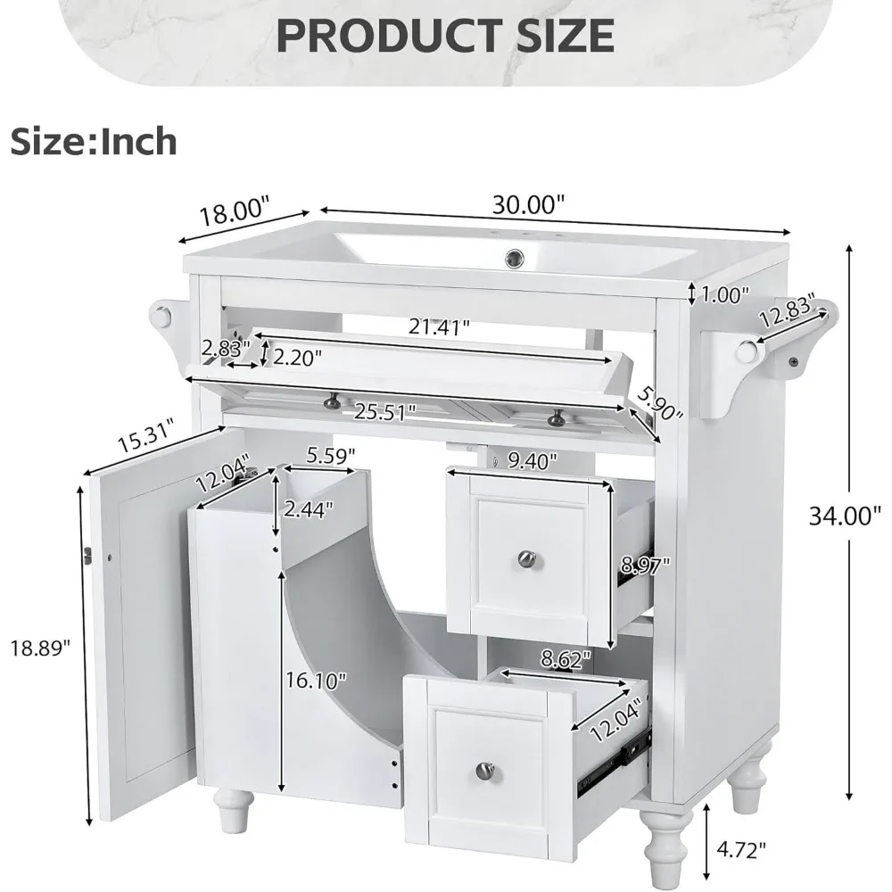 Bathroom Vanity with Sink, Modern Bathroom Storage Cabinet with 2 Drawers, Pull-Down Drawer, 2 Tower Rack & 1 Door