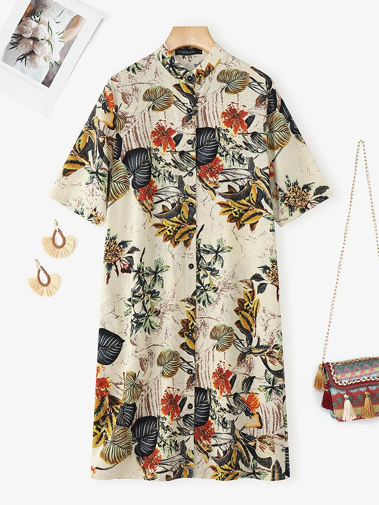 เดรสพิมพ์ลายวินเทจ 2025 ZANZEA ชุดเดรสแฟชั่นฤดูร้อนสำหรับผู้หญิง คอตั้ง แขนครึ่งตัว ชุดเดรสลำลองติดกระดุม