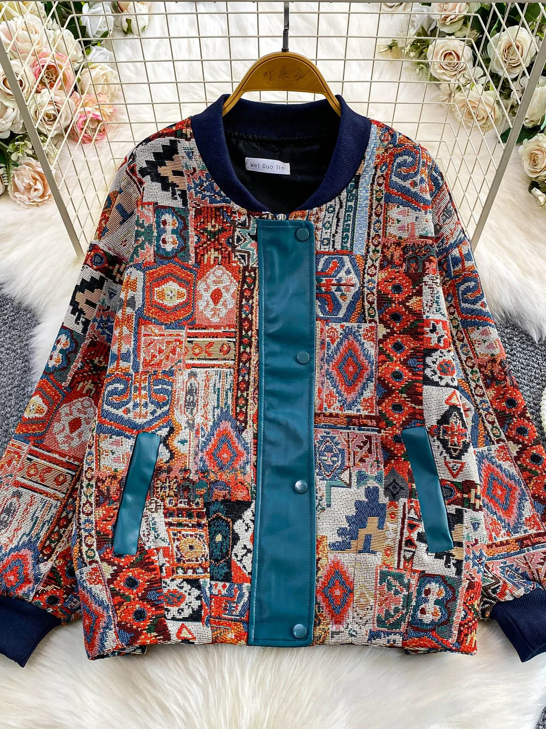 ملابس خارجية نسائية من الجلد مطرزة ثقيلة من Ele، فضفاضة تناسب التخسيس، بأزرار علوية طويلة، ملابس خارجية شتوية #3