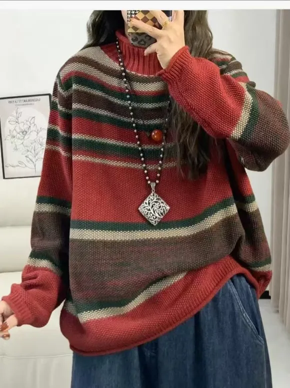 

Loose Knitted Cotton Sweater Casual Striped Women's Autumn Winter Comfortable Breathable Simple Sle Casual Loose Knitwear