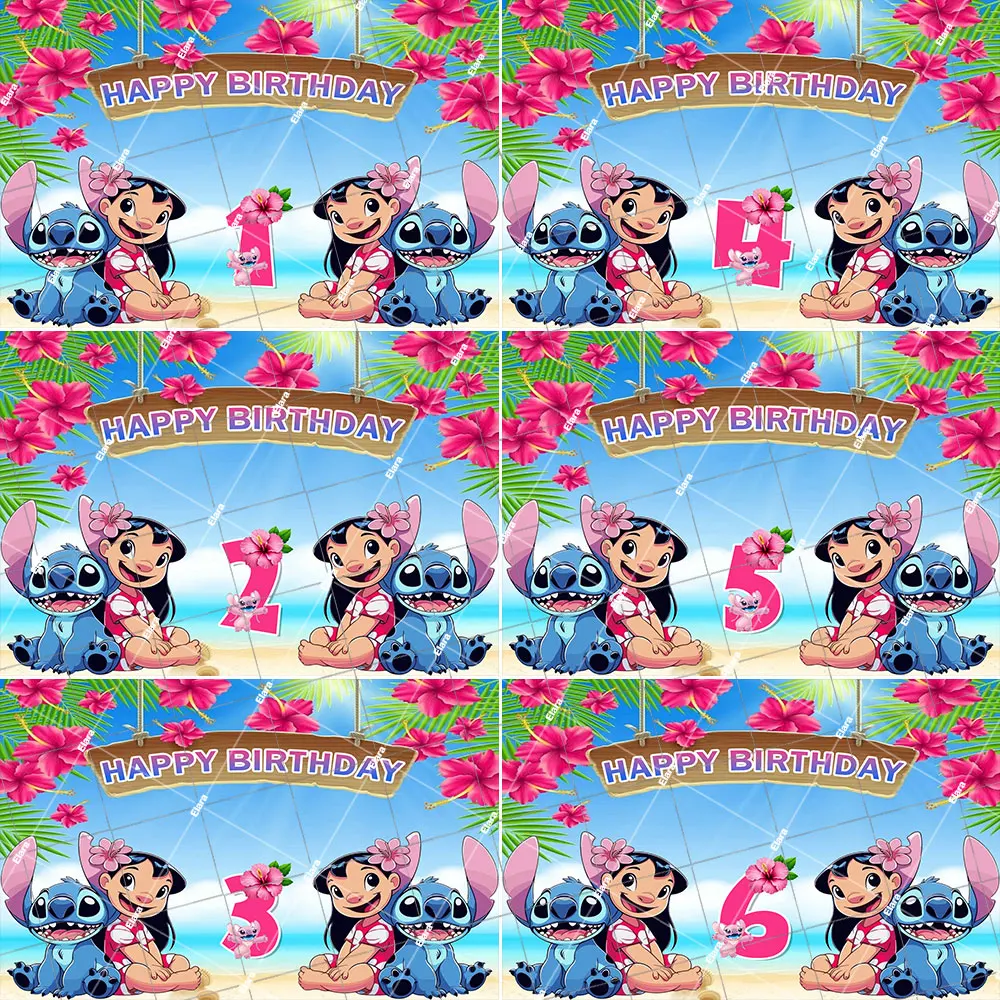 

Cartoon Lilo&Stitch Kid's Birthday Party Decoration Ocean Flower Photography Backdrop Baby Shower Customized Name Year Banner