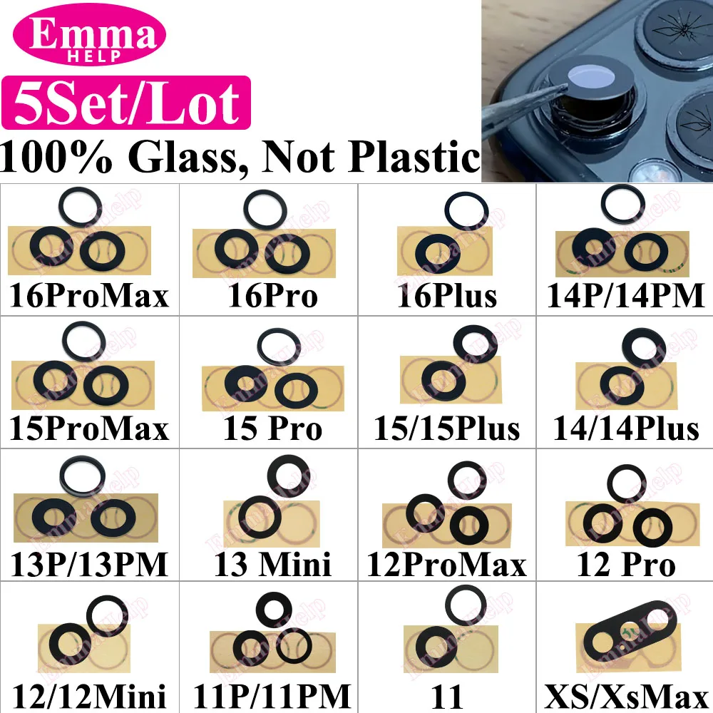 5set Back Camera Glass for iPhone 16 13 11 12 Pro Max 15 14 Plus Rear camera Lens Cover With Sticker Adhesive Repair Spare Part image 2