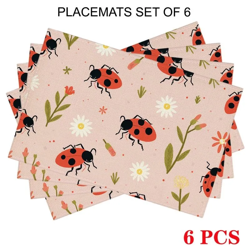 4pcs Rectangular Placemats Suitable for Family Gatherings Restaurants Table Mats with Ladybug Flower Print