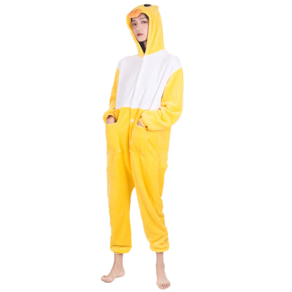 Kleine Gele Eend Dier Kigurumi Jumpsuit Pyjama Volwassen Mode Persoonlijkheid Winter Kleding Warm Flanellen Huiskleding Voor Vrouwen