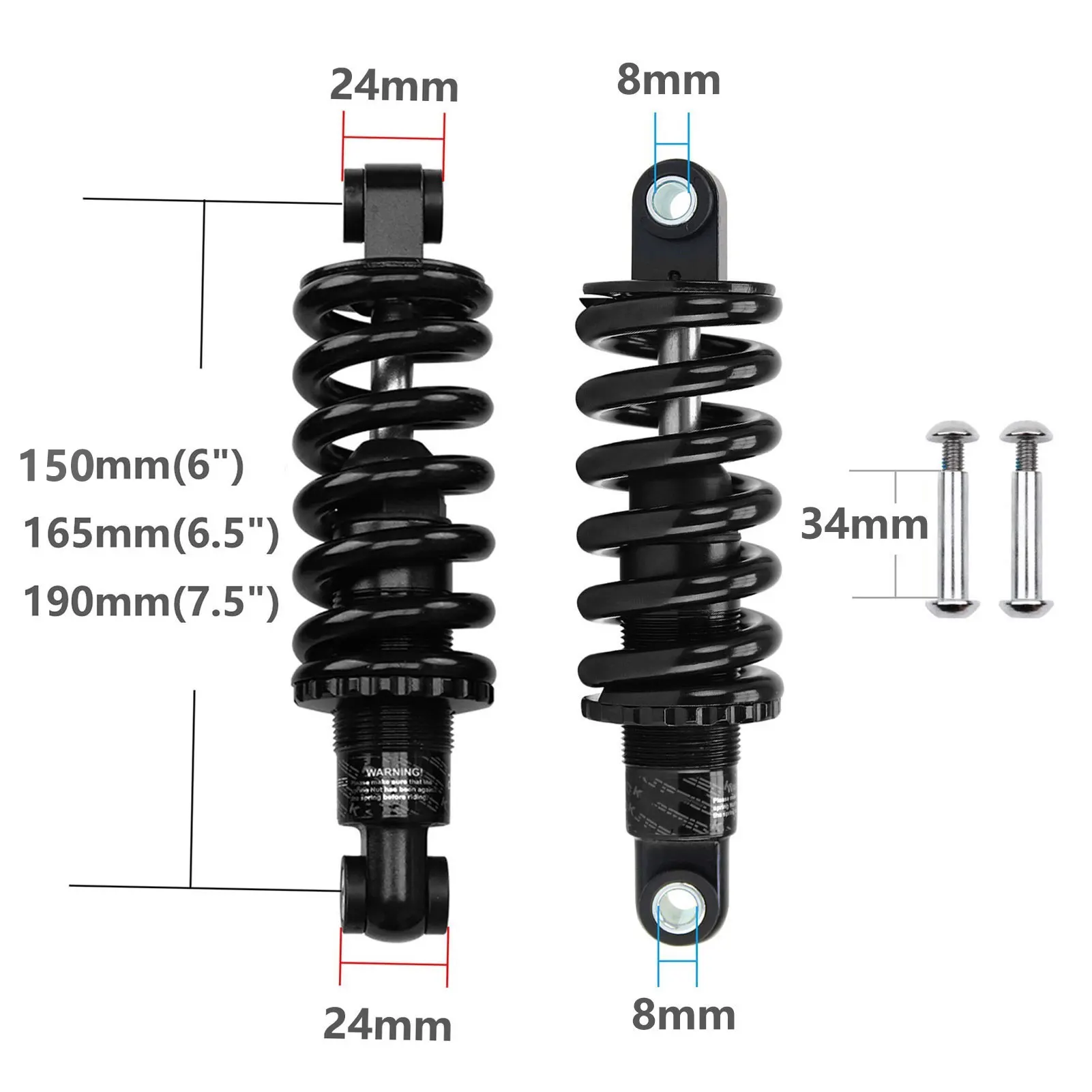 AttLvTu MTB Rear Shock Absorber, 150mm 165mm 190mm Bicycle Coil Spring Suspension, for Mountain Bike E-Bike Wheelchair