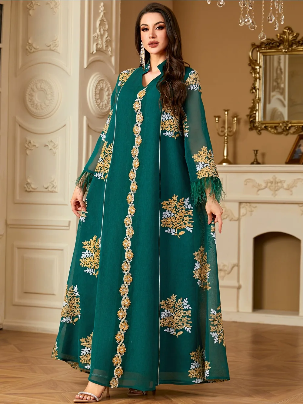 

Eid Ramadan Muslim Party Dress for Women Abaya Feather Long Dresses Embroidery Vestidos Kaftan Islam Dubai Arab Robe Autumn 2025