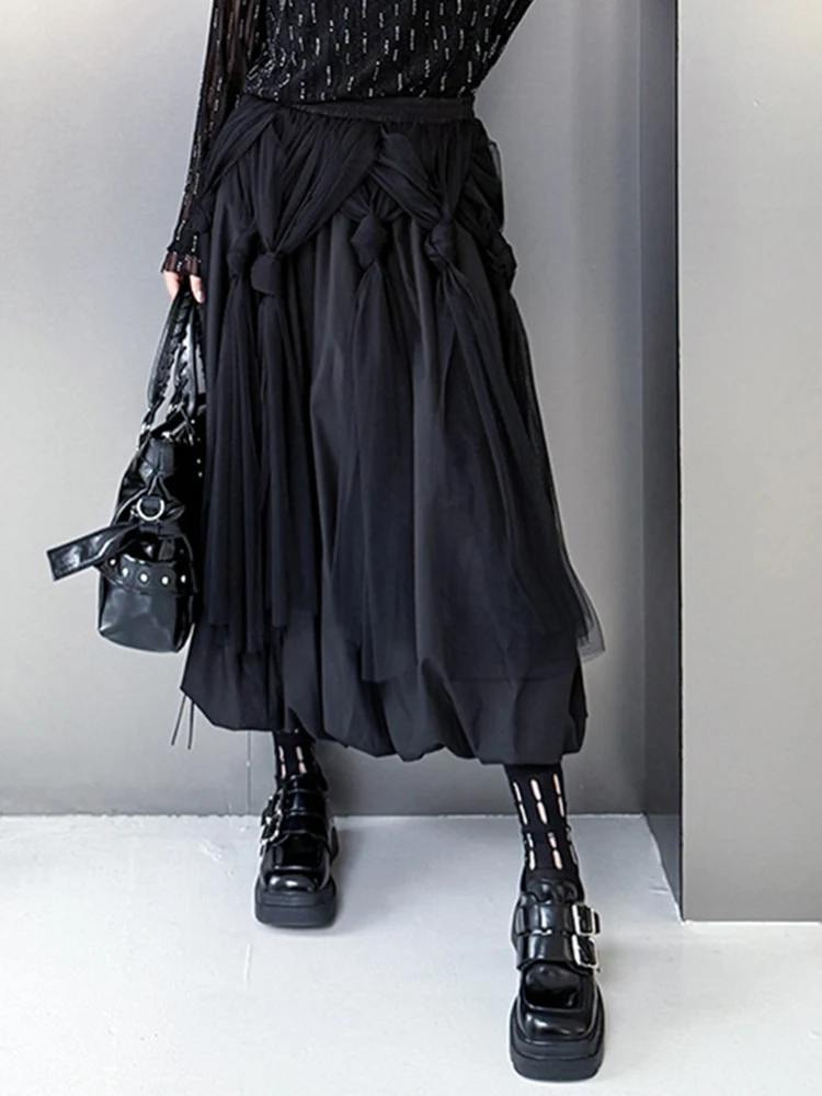 High Elastic Waist Black Mesh Spliced Elegant A-line Half-body Skirt Women Fashion Tide New Spring Autumn