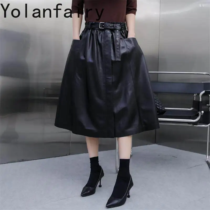 YOLANFAIRY Real Leather Skirts for Women Big Swing 2026 Autumn Black Genuine Sheepskin Elastic Waist Umbrella Skirt Long Black