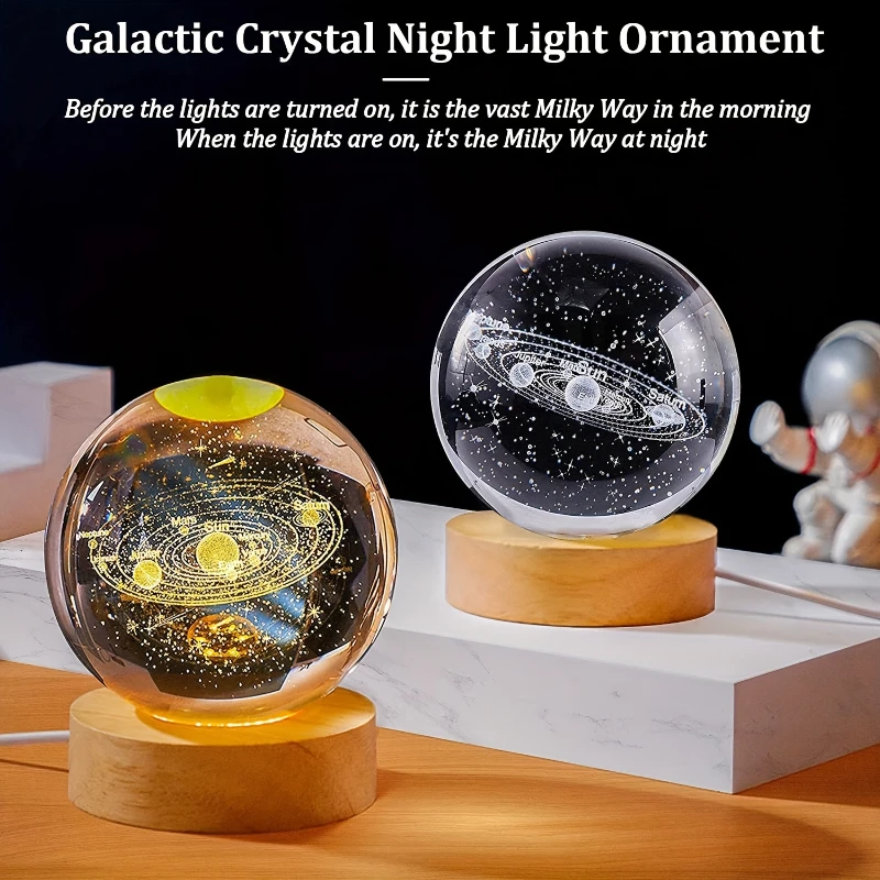 USB 3D Crystal Ball LED Night Light Laser Engraved SolarSystem Globe Astronomy Birthday Gift for Bedroom Home Desktop Decor Lamp