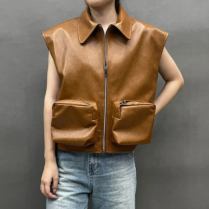 Designer Real Leather Vest with Pockets Women Solid Zipper Sleeveless Vintage Female Jackets Autumn Outerwear ZM5979