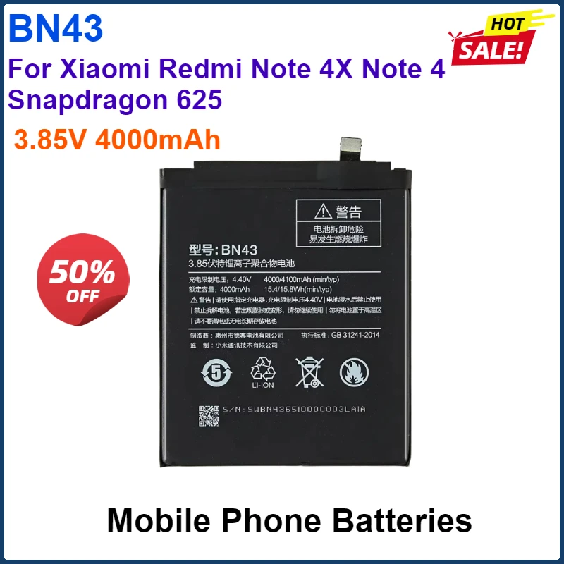 Mobile Phone Battery BN43 BN41 For Xiaomi Redmi Note 4X Note 4 Global Snapdragon 625 BN 43 Note4 Phone MTK Helio X20 Note 4X Pro