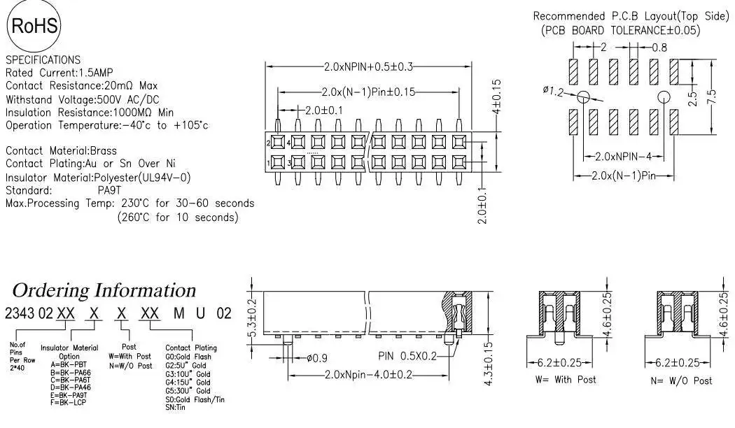 1 Stück SMD Einreihiger Doppel-Buchsenstecker 1*40P 2×40P Versetzter Rastermaß 2,0 mm Vertikaler Typ – Detail 6