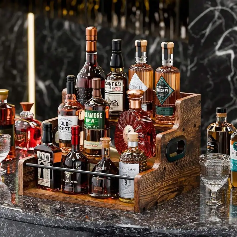 Solid Wood Liquor Bottle Display Shelf, Coffee Syrup Rack Organizer, 3 Step Countertop Liquor Wine Rack, Mini Bar, Liquor Cabine