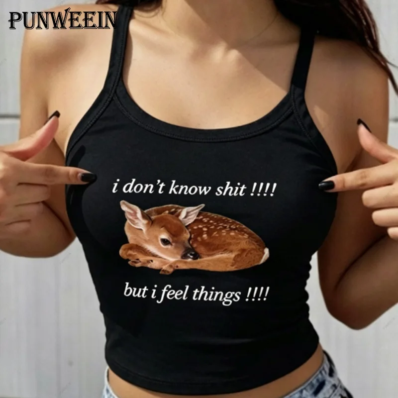 Women Cute Baby Deer Funny Slogan Print Cami Tank Top Sleeveless Slim Y2K Vintage Summer Ladies Camisole Vest