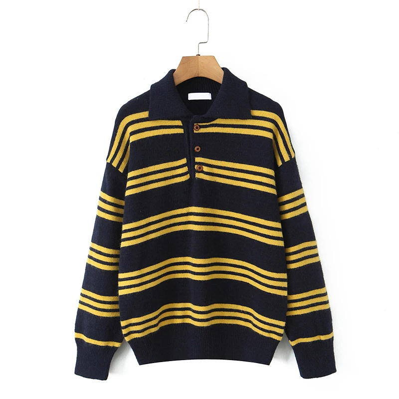 

New Autumn Women Casual Striped Knit Sweater Long Sleeve Lapel Collar Loose Pullover Tops