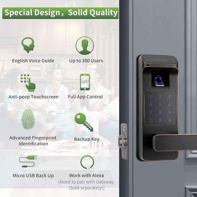 Fingerprint Door Lock, Heavy Duty, 5 in 1 Keyless Entry, Touchscreen Keypad, Reversible Handle, Aged Bronze