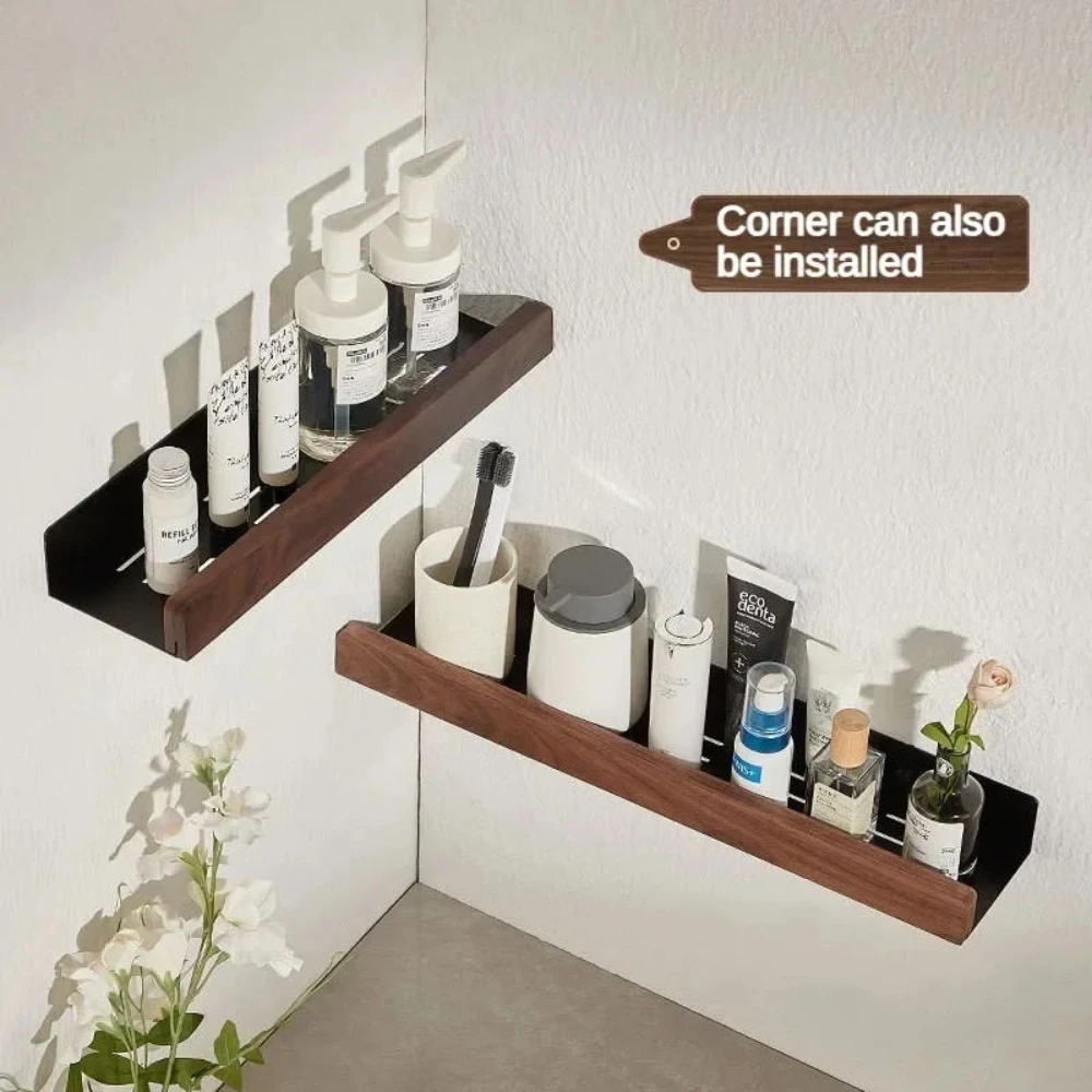 Solid Wood Wall-Mounted Bathroom Shelf, No Punch Storage Rack, Punch-Free Wooden Shelf, Shower Organizer, Toilet