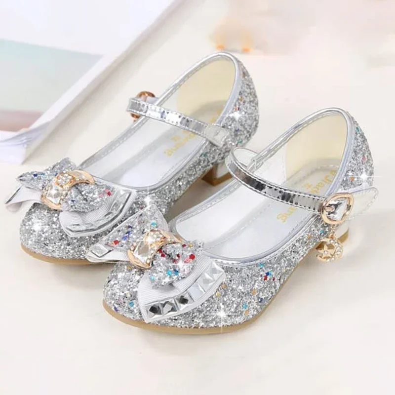 Children Girl Princess Leather Shoes Kids Diamond Bowknot High Heel  Dance Glitter Shoes Fashion Girls Party Dance Shoe