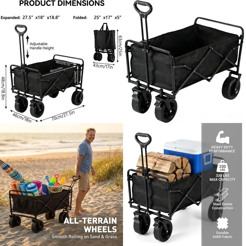 

Heavy-Duty 330 lbs Collapsible Utility Wagon with 360° All-Terrain Wheels for Beach, Camping, and Gardening