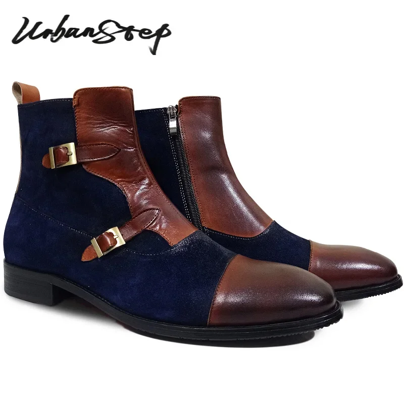 

LUXURY MEN'S BOOTS HIGH ZIPPER ANKLE BOOTS STRAP BCKLE CASUAL MENS DRESS SHOES BLUE MIX BROWN GENUINE LEATHER BOOTS MEN