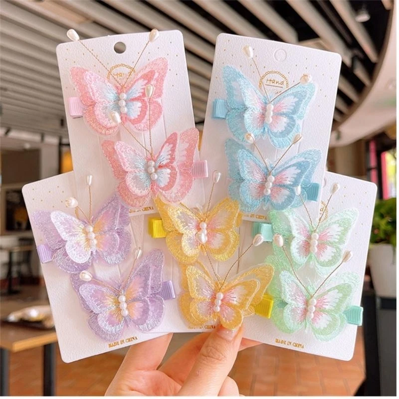 

M76C 2PCS Girls Hair Clip Embroidery Butterfly Hairpins Elegant Hairstyle Accessories Bows Hair Barrettes Children Headdress