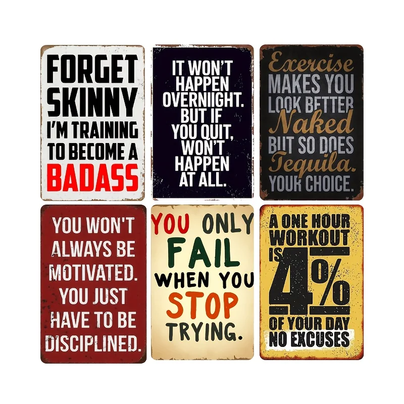 6pcs Funny Gym Motivation Badass Training Motivational Vintage Wall Signs Vintage Metal Signs, Home Gym Workout Room Wall Decor