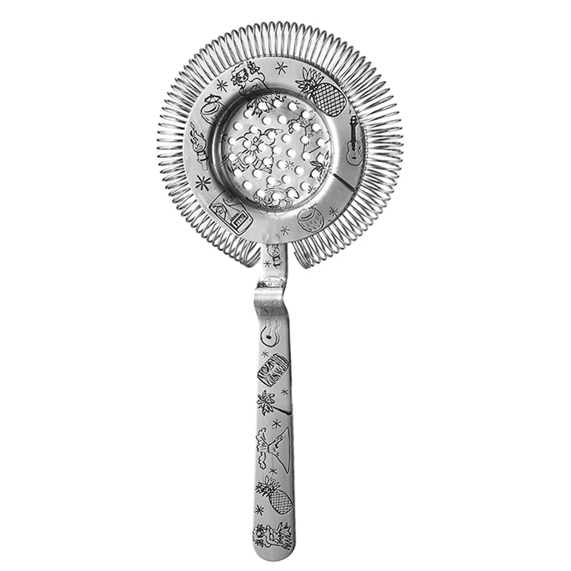 Tiki Stainless Steel Strainer Bar Strainer With Tiki Themed Etched Pattern