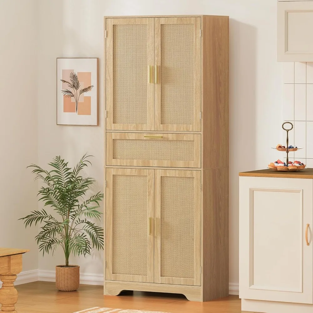 

Tall Storage Cabinet with 2 Adjustable Shelves & Large Drawer, Rattan Cabinet with 4 Doors, Pantry Cabinets for Dining Roo