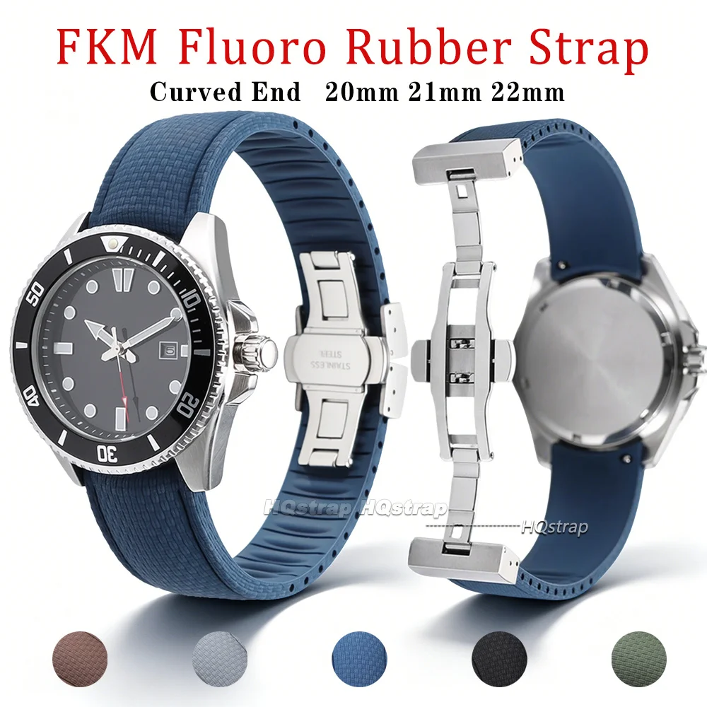 Bracelet de montre en caoutchouc fluoré à extrémités courbes 20mm 21mm 22mm pour Seiko pour Omega, bracelet de sport étanche en FKM, accessoires