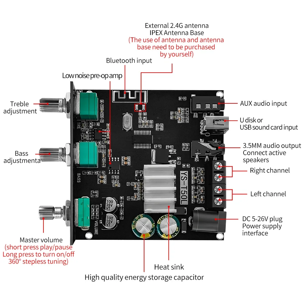 デジタルパワーアンプモジュール,Bluetooth 100チャンネル,2.0 w,フロントとロートーンの調整,XY-T50L