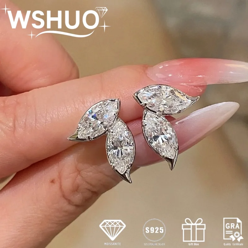 

WSHUO Double Leaf Moissanite Stud Earrings for Women S925 Sterling Silver 4ct Marquise Cut Diamond Stud Earrings Jewelry Gift