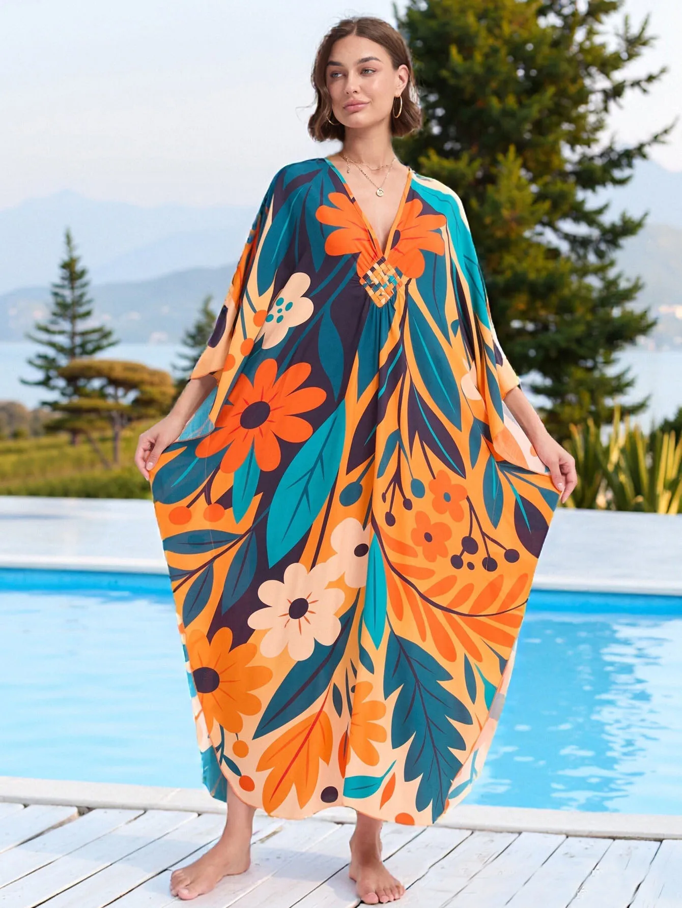 

Пляжные накидки-кафтаны и летние платья для женщин с цветочным принтом, одежда для отпуска с рукавами «летучая мышь», костюм Миссис Ропер, оптовые продажи от производителя