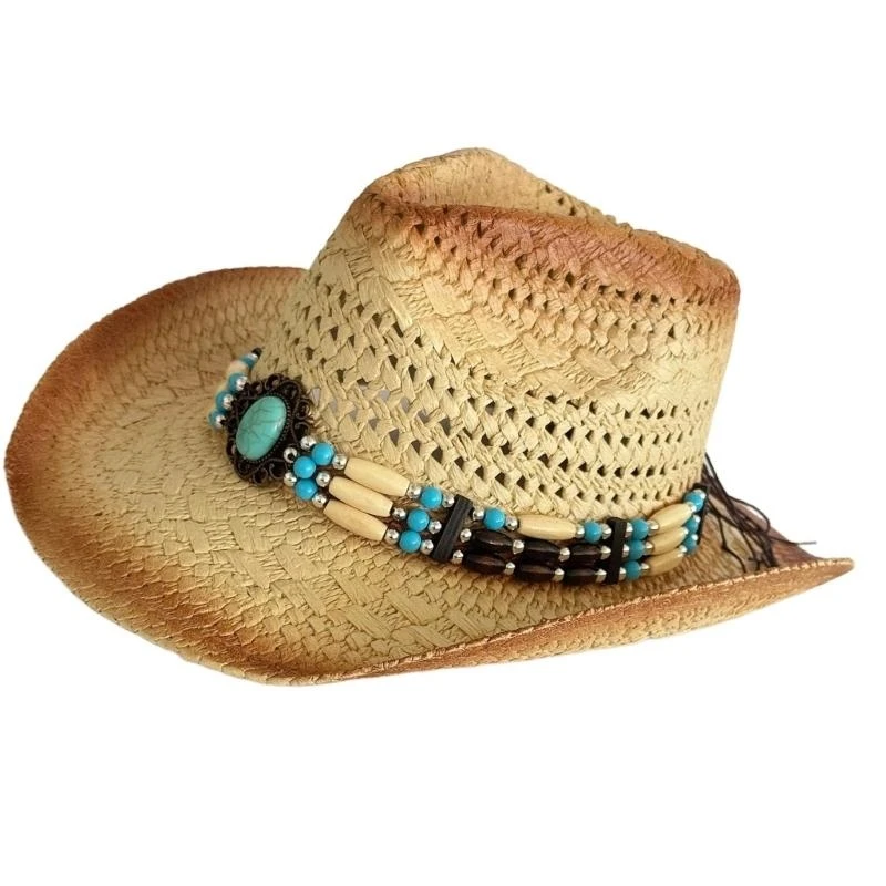 Ethnic Bohemian Straw Hat Sun Protective Hat for Casual Outfit and Outdoor Event