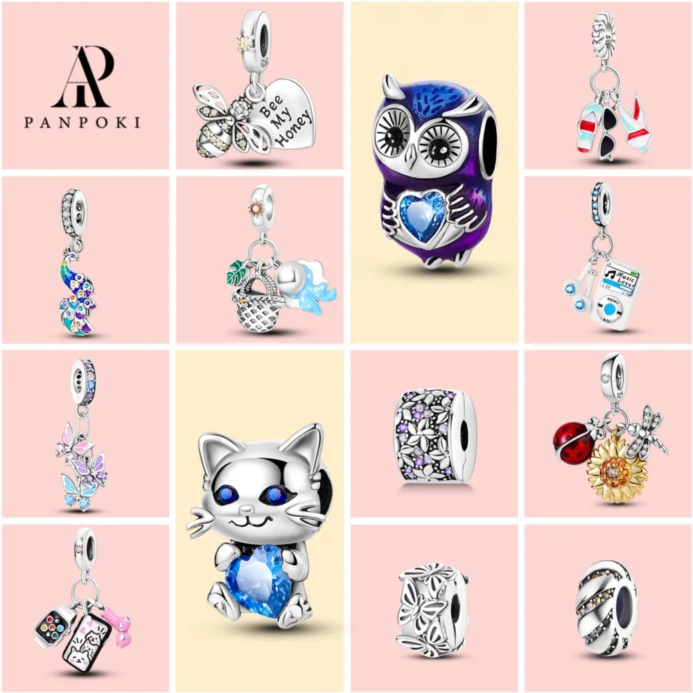 PANPOKI 2023 Neue Eule Katze Perlen Anhänger Fit Original Feine Armband Halskette 925 Silber Heißer Charme Perlen DIY Schmuck Machen