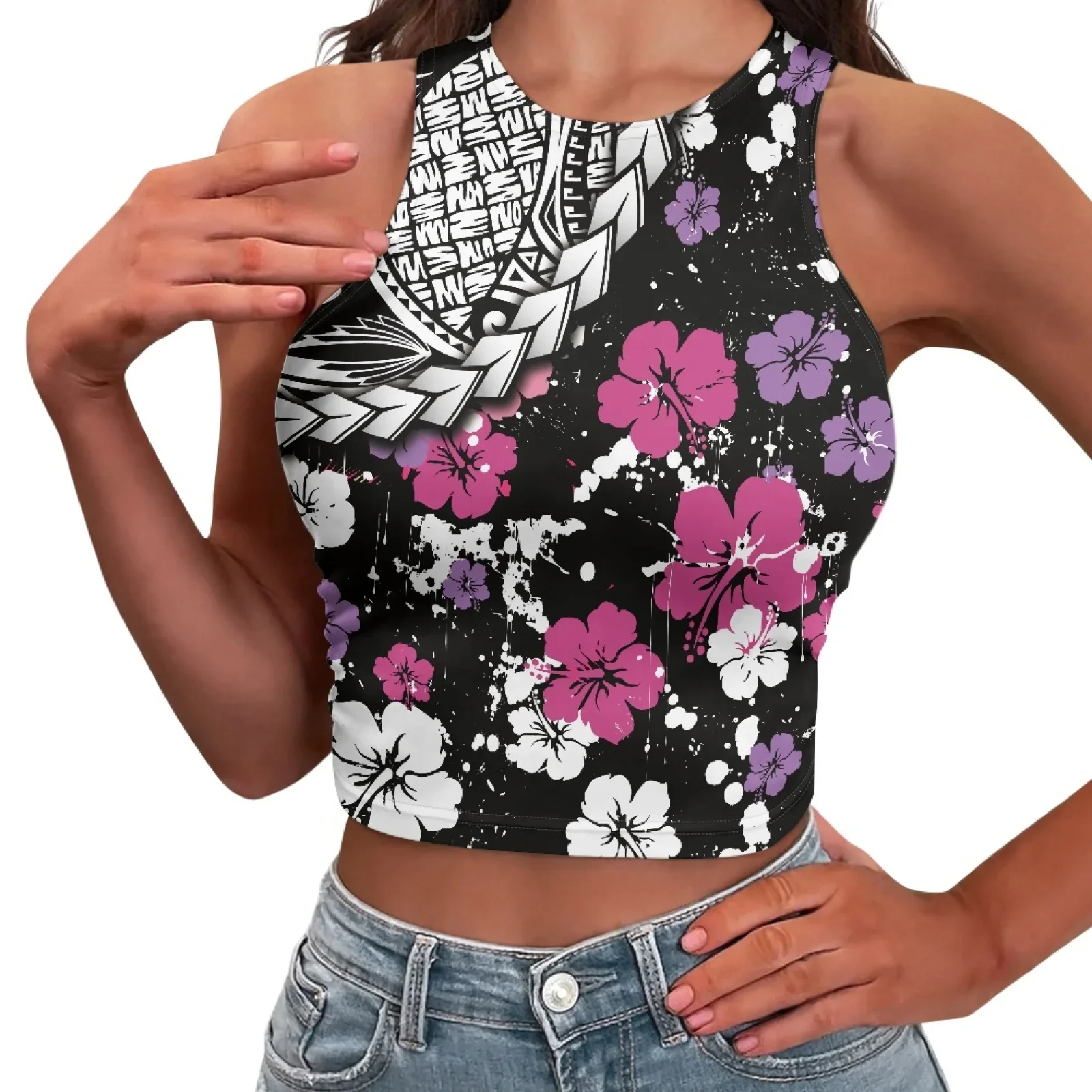 Polynesian Tribal Pohnpei Totem Tattoo Prints Casual Comfort Elastic Skinny Crop Top Lady Clothing Green Leaf Sports Tank Top