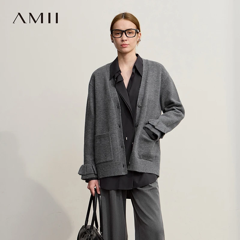 

Amii Wool Knit Cardigan 2025 Winter New Commuter V-neck Single Breasted Casual Cardigan For Women Loose Long Sleeve Top 12524085