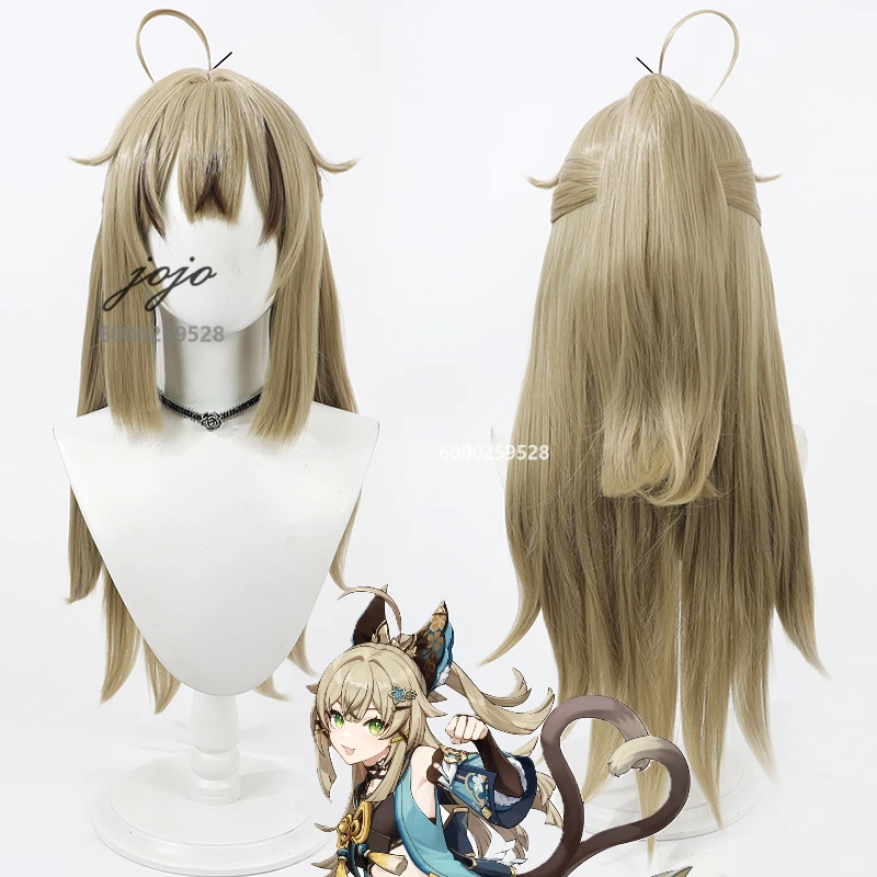 Game Genshin Impact Kirara Cosplay Wig Ponytail flax hair Cute Long Hair Halloween Christmas Party Women men Essential Wig Cap