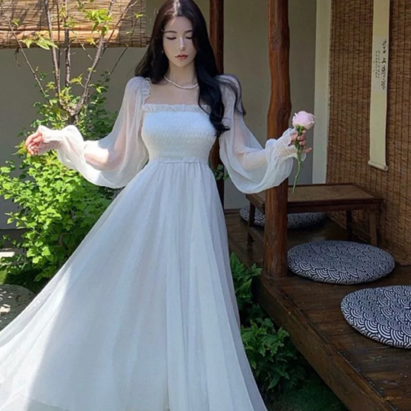 Gaun Pantai Wanita Satu Bahu Lengan Panjang Berpinggang Ramping Bahan Polyester Ringan Model Maxi Kasual untuk Liburan