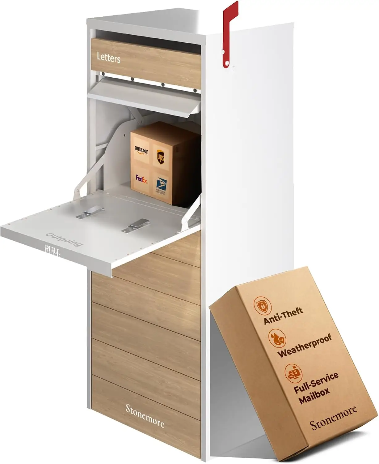 Cali USPS Compatible Mailbox, Snow White/Oak Package Mailbox, Anti-Theft Locking Parcel Drop Box for Porch Or Curbside, Large Ma