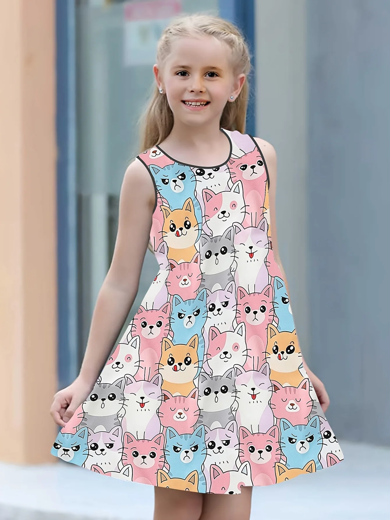 2024 Kids Little Girls Sleeveless Over Knee Dress Girl Dress Lovely Style Cartoon Cats 3d Print Daily Casual Cute Dress Clothing