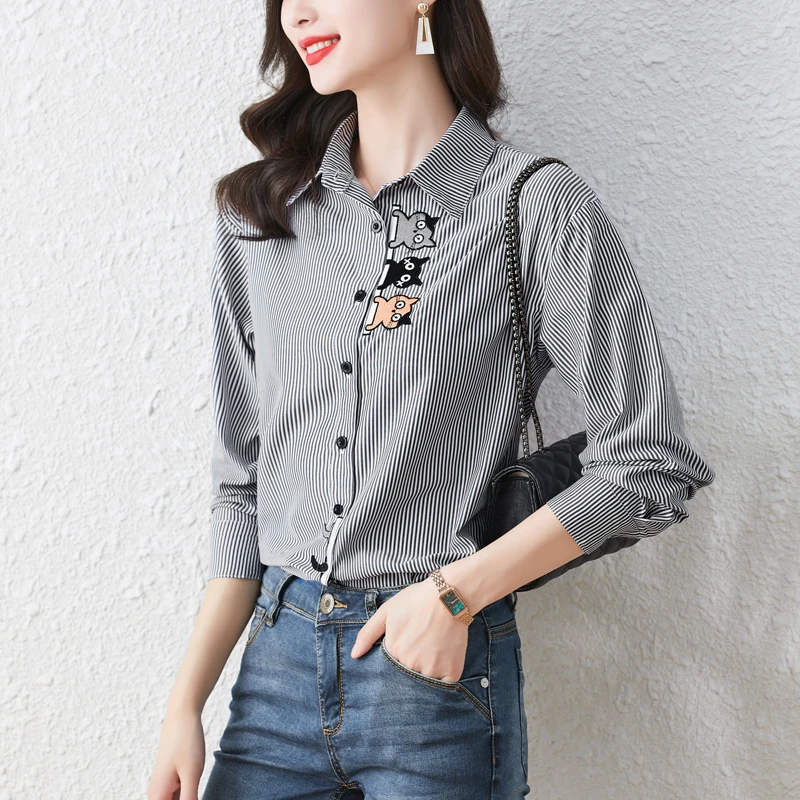 Women Summer Top Luxury Women's Cat Embroidered Blouses Ladies Long Sleeves Striped Shirts For Women Lr15